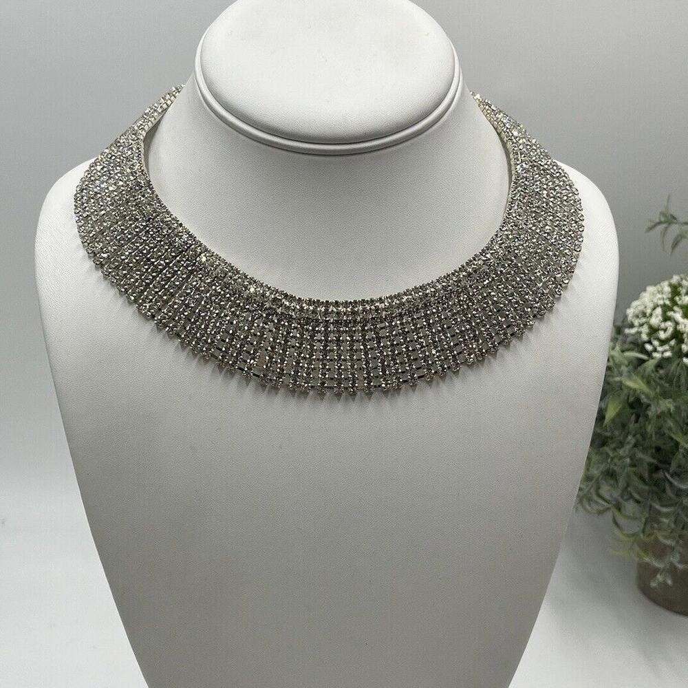 Natasha Crystal‎ Rhinestone Bling Silver Tone Statement Dressy Collar Necklace